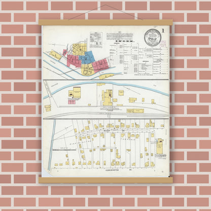 Old map wall art mockup — magnetic wood frame on brick wall — Sanborn Fire Insurance Map from Apollo, Armstrong County, Pennsylvania (1904), Sheet #0001