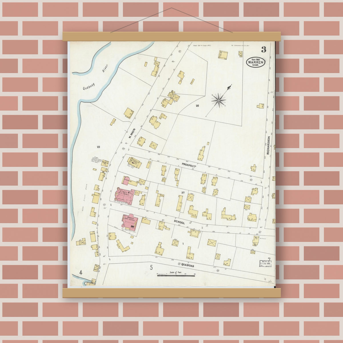 Old map wall art mockup — magnetic wood frame on brick wall — Sanborn Fire Insurance Map from Warren, Worcester County, Massachusetts (1906), Sheet #0003