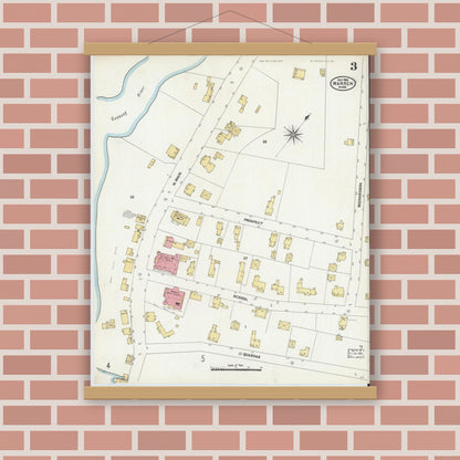 Old map wall art mockup — magnetic wood frame on brick wall — Sanborn Fire Insurance Map from Warren, Worcester County, Massachusetts (1906), Sheet #0003