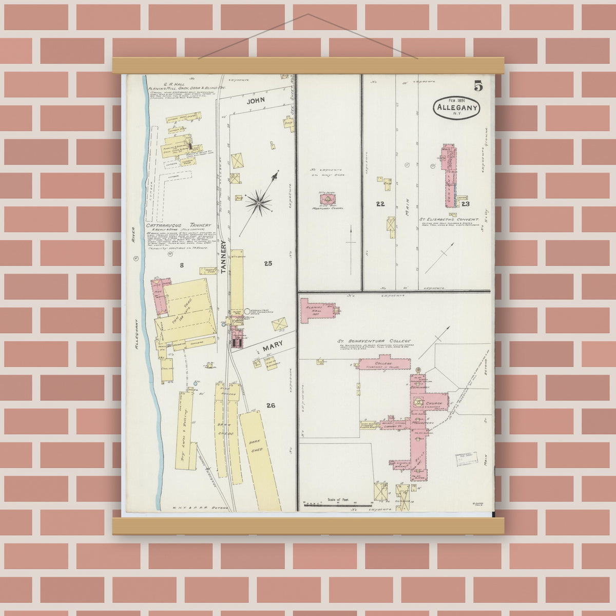 Old map wall art mockup — magnetic wood frame on brick wall — Sanborn Fire Insurance Map from Allegany, Cattaraugus County, New York (1891), Sheet #0005