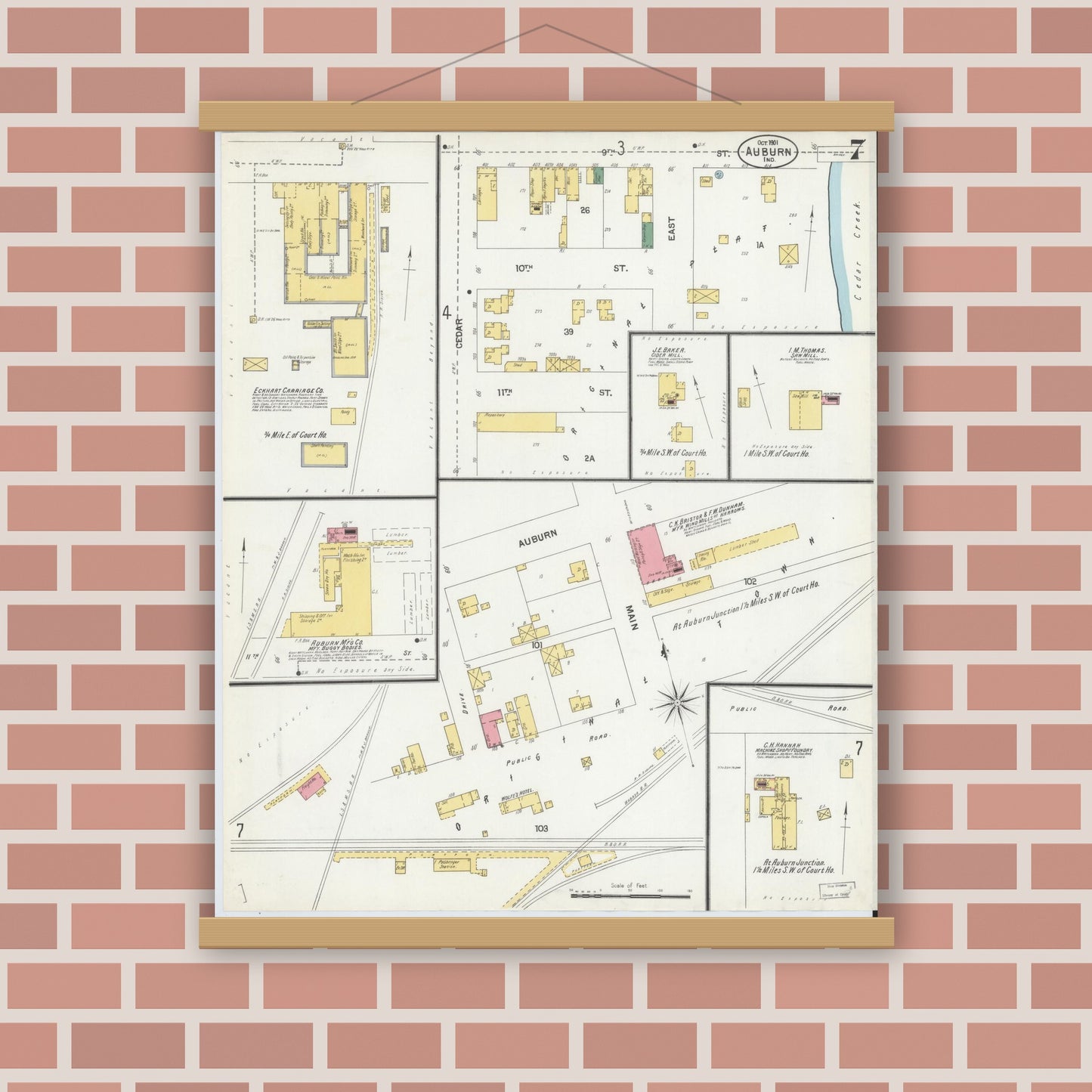 Old map wall art mockup — magnetic wood frame on brick wall — Sanborn Fire Insurance Map from Auburn, De Kalb County, Indiana (1901), Sheet #0007