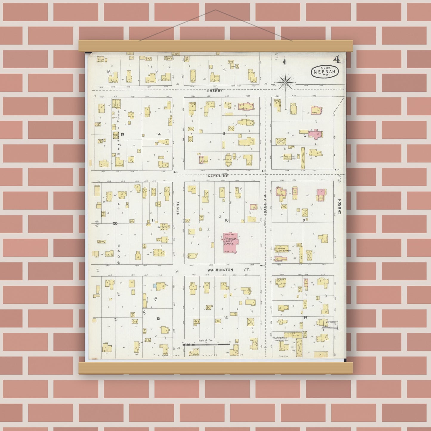 Old map wall art mockup — magnetic wood frame on brick wall — Sanborn Fire Insurance Map from Neenah, Winnebago County, Wisconsin (1895), Sheet #0004