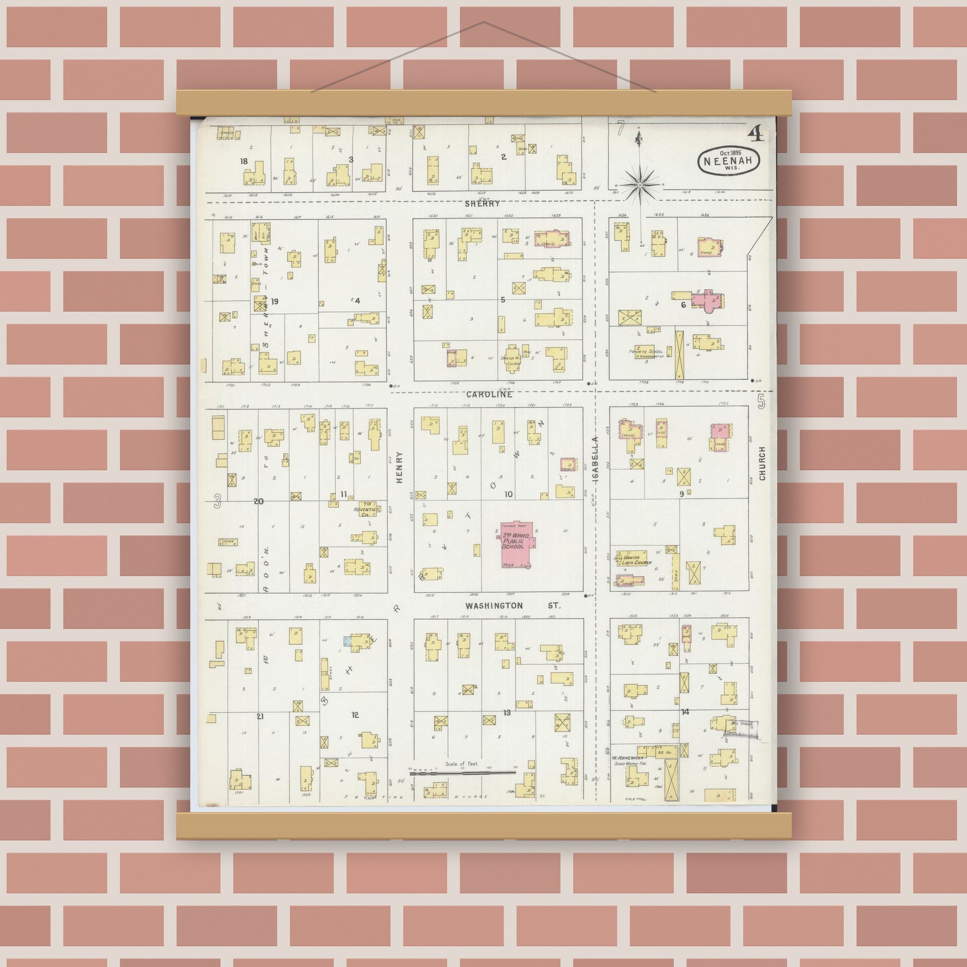 Old map wall art mockup — magnetic wood frame on brick wall — Sanborn Fire Insurance Map from Neenah, Winnebago County, Wisconsin (1895), Sheet #0004
