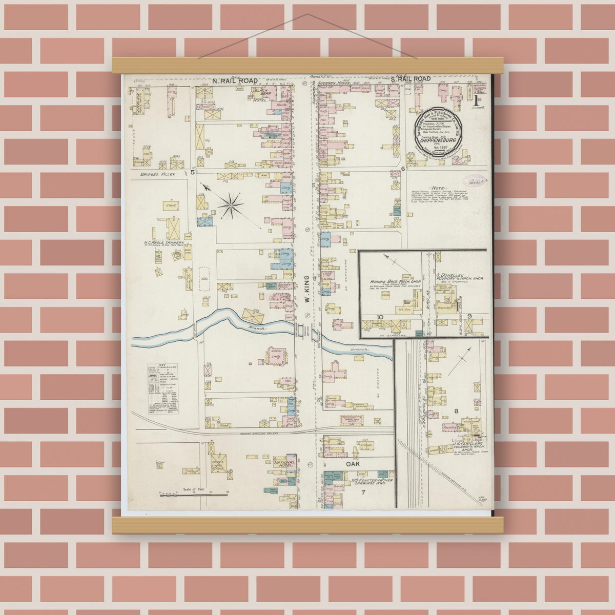 Old map wall art mockup — magnetic wood frame on brick wall — Sanborn Fire Insurance Map from Shippensburg, Cumberland And Franklin Counties, Pennsylvania (1887), Sheet #0001
