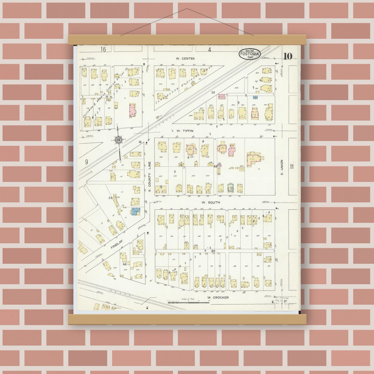 Old map wall art mockup — magnetic wood frame on brick wall — Sanborn Fire Insurance Map from Fostoria, Seneca, Hancock, And Wood Counties, Ohio (1914), Sheet #0010
