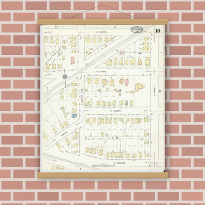 Old map wall art mockup — magnetic wood frame on brick wall — Sanborn Fire Insurance Map from Fostoria, Seneca, Hancock, And Wood Counties, Ohio (1914), Sheet #0010