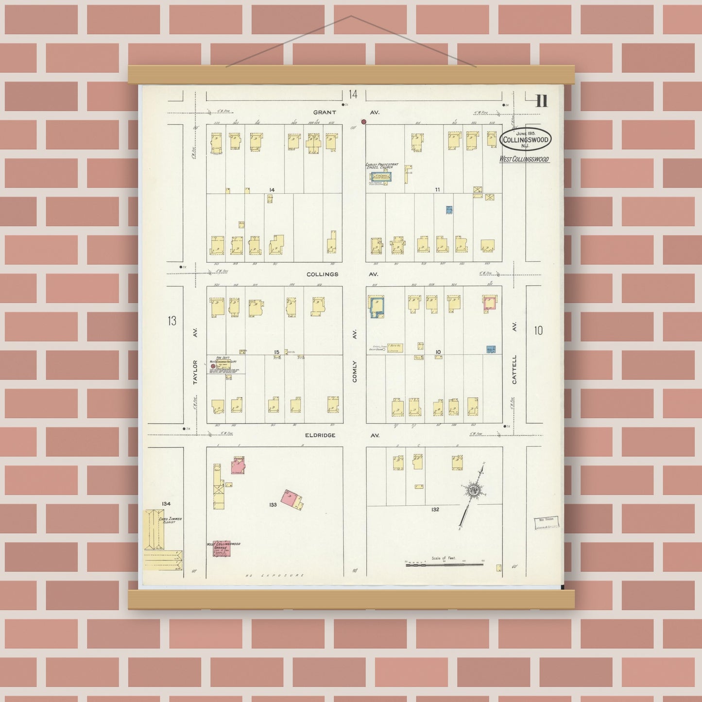 Old map wall art mockup — magnetic wood frame on brick wall — Sanborn Fire Insurance Map from Collingswood, Camden County, New Jersey (1915), Sheet #0011