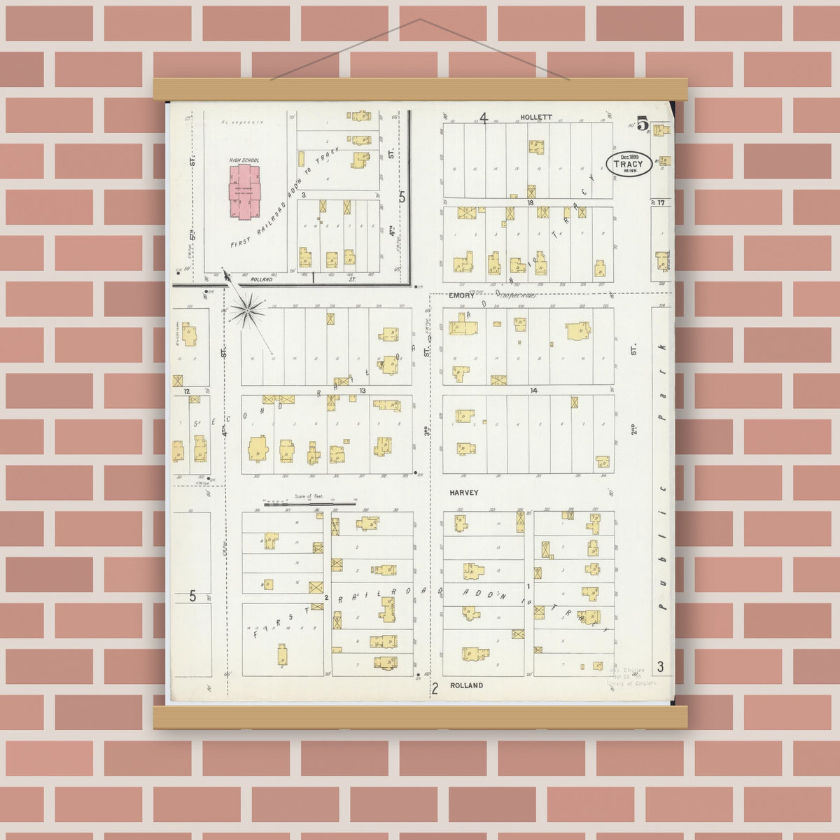 Old map wall art mockup — magnetic wood frame on brick wall — Sanborn Fire Insurance Map from Tracy, Lyon County, Minnesota (1899), Sheet #0005