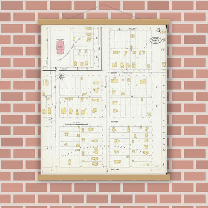 Old map wall art mockup — magnetic wood frame on brick wall — Sanborn Fire Insurance Map from Tracy, Lyon County, Minnesota (1899), Sheet #0005