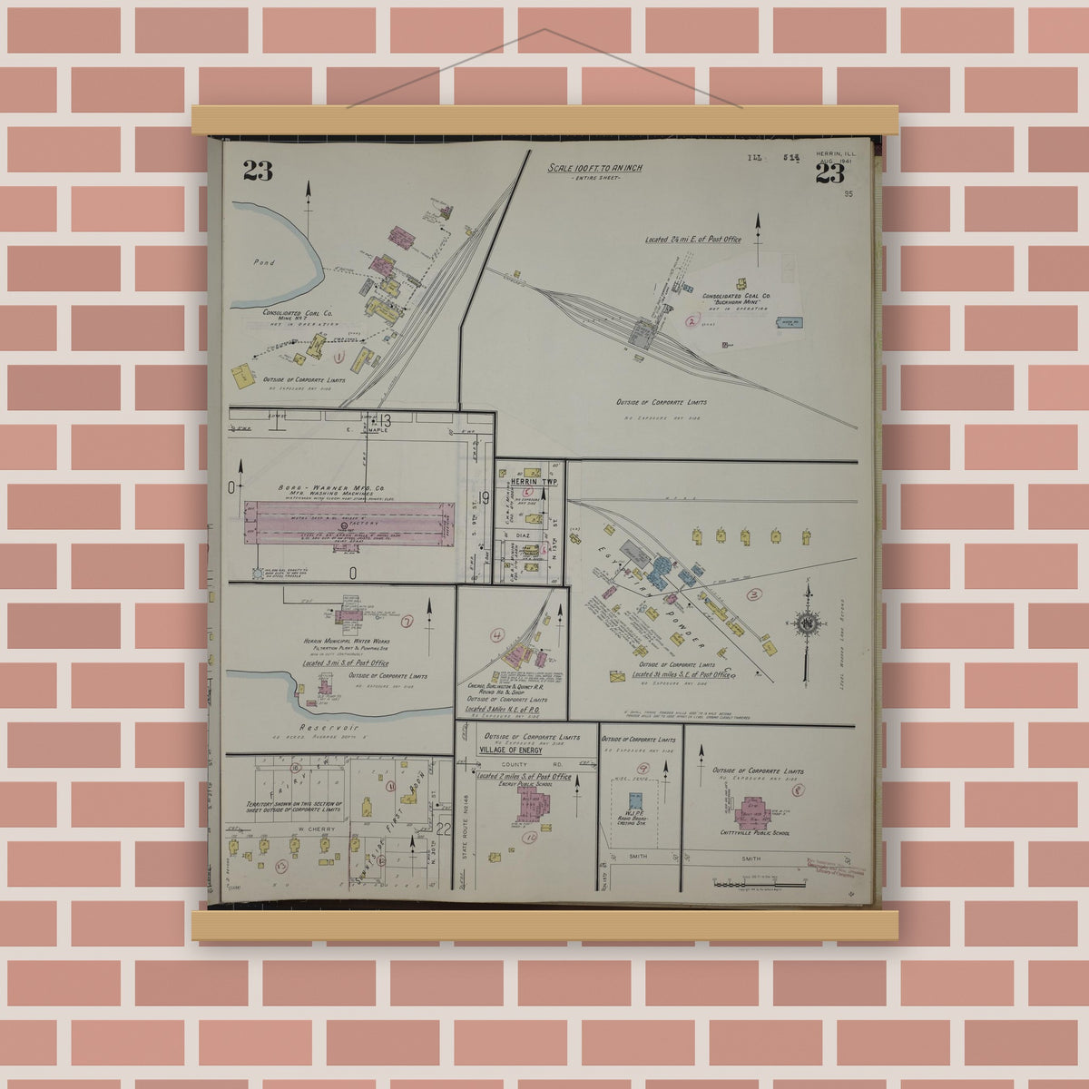 Old map wall art mockup — magnetic wood frame on brick wall — Sanborn Fire Insurance Map from Herrin, Williamson County, Illinois (1947), Sheet #0023