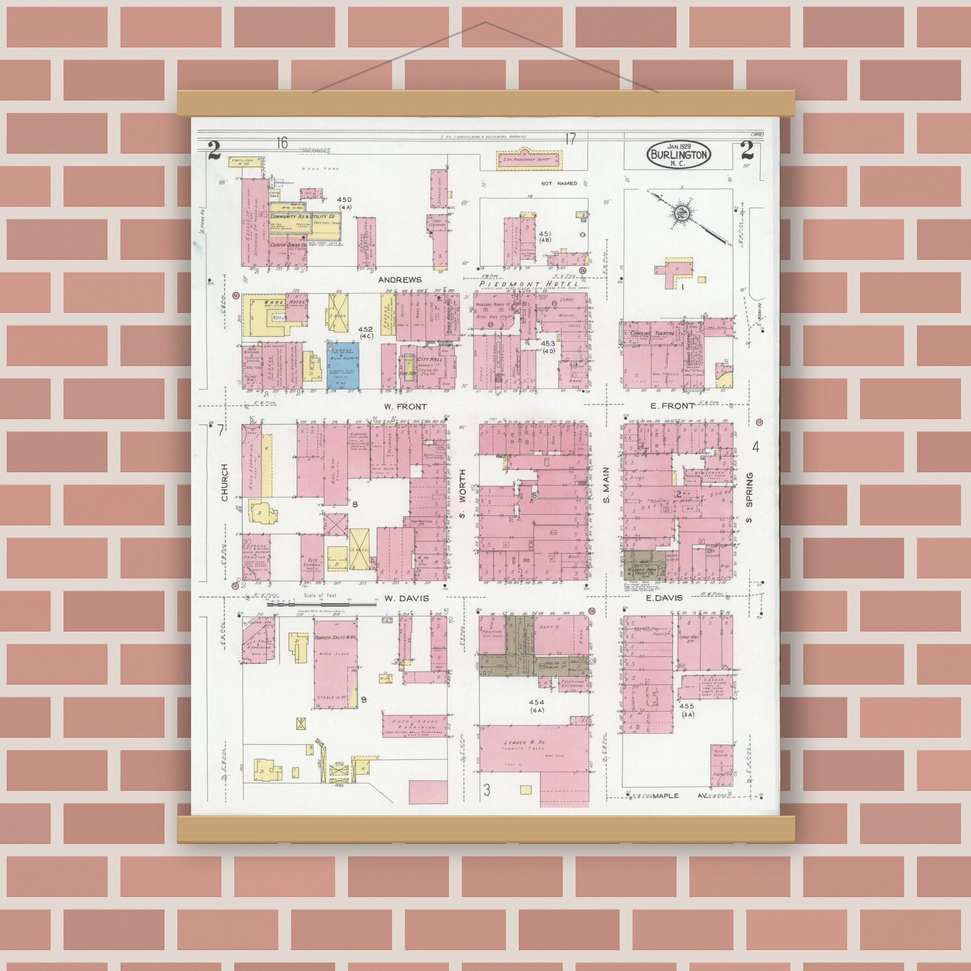 Old map wall art mockup — magnetic wood frame on brick wall — Sanborn Fire Insurance Map from Burlington, Alamance County, North Carolina (1929), Sheet #0002