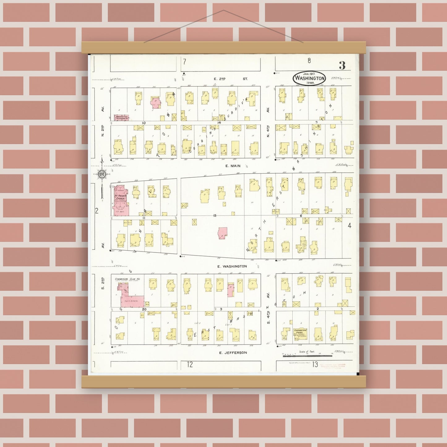 Old map wall art mockup — magnetic wood frame on brick wall — Sanborn Fire Insurance Map from Washington, Washington County, Iowa (1917), Sheet #0003