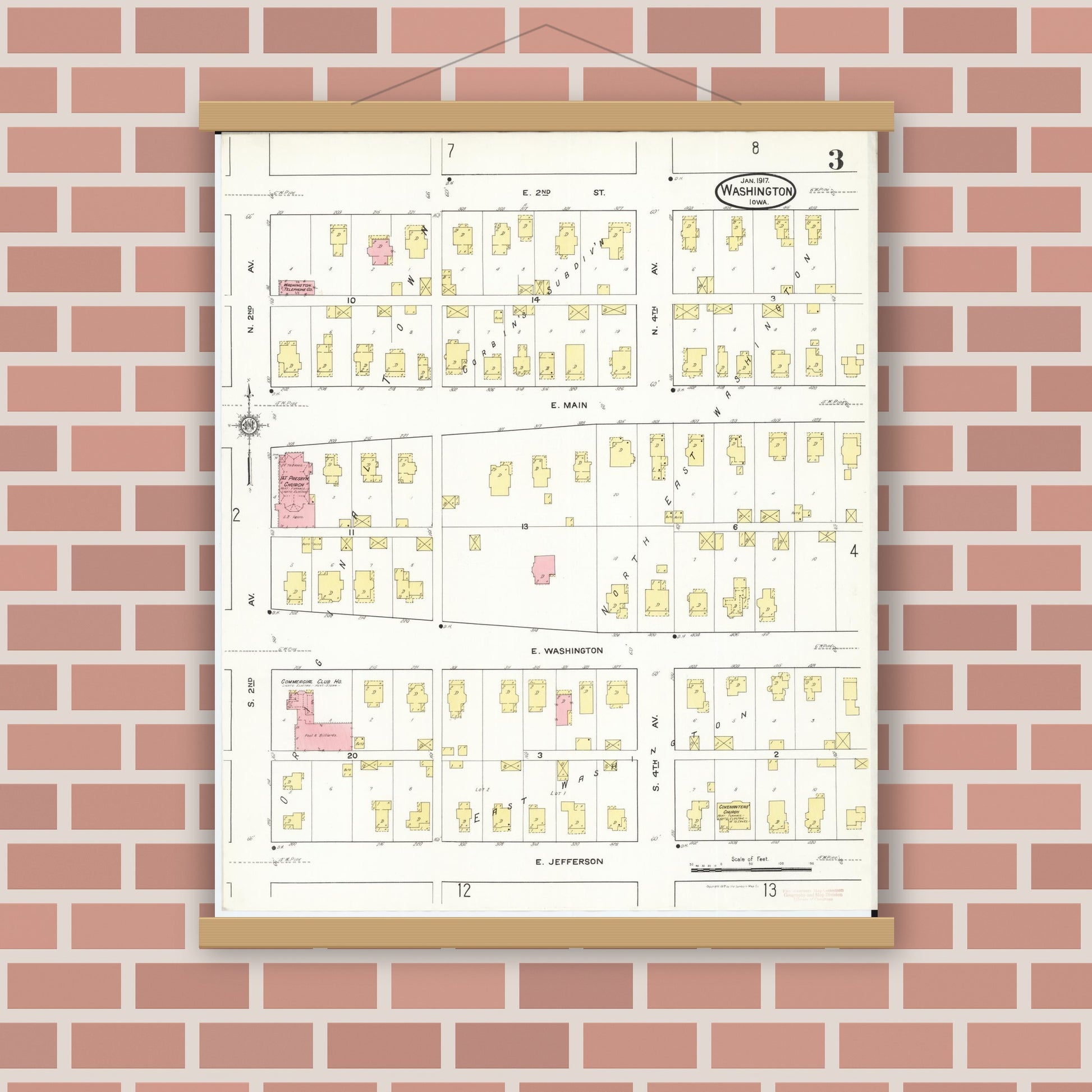 Old map wall art mockup — magnetic wood frame on brick wall — Sanborn Fire Insurance Map from Washington, Washington County, Iowa (1917), Sheet #0003