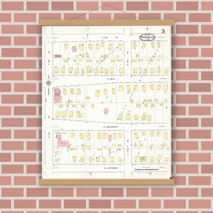 Old map wall art mockup — magnetic wood frame on brick wall — Sanborn Fire Insurance Map from Washington, Washington County, Iowa (1917), Sheet #0003