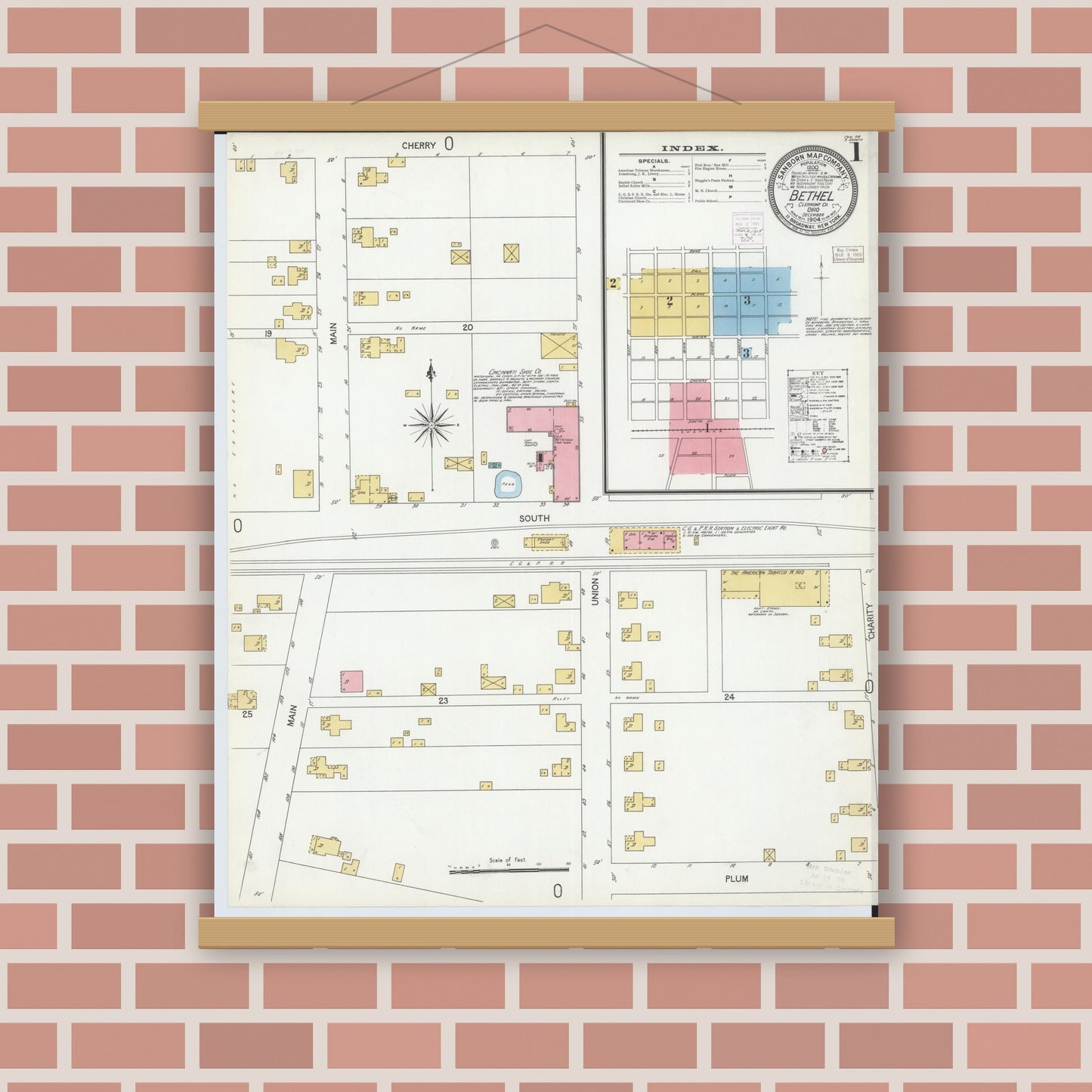 Old map wall art mockup — magnetic wood frame on brick wall — Sanborn Fire Insurance Map from Bethel, Clermont County, Ohio (1904) - Complete Map Set