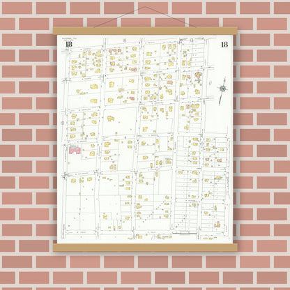 Old map wall art mockup — magnetic wood frame on brick wall — Sanborn Fire Insurance Map from Palestine, Anderson County, Texas (1935), Sheet #0018