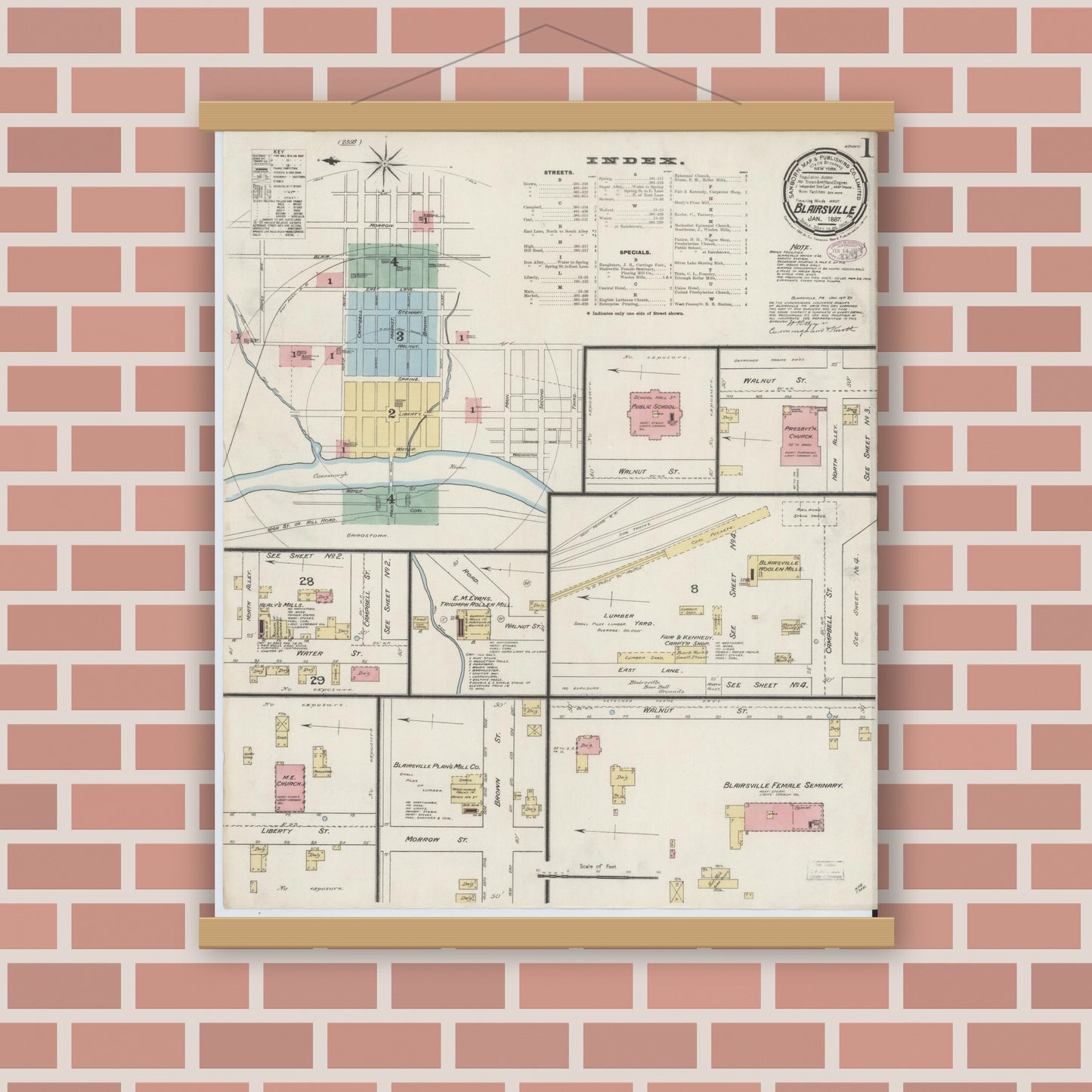 Old map wall art mockup — magnetic wood frame on brick wall — Sanborn Fire Insurance Map from Blairsville, Indiana County, Pennsylvania (1887), Sheet #0001