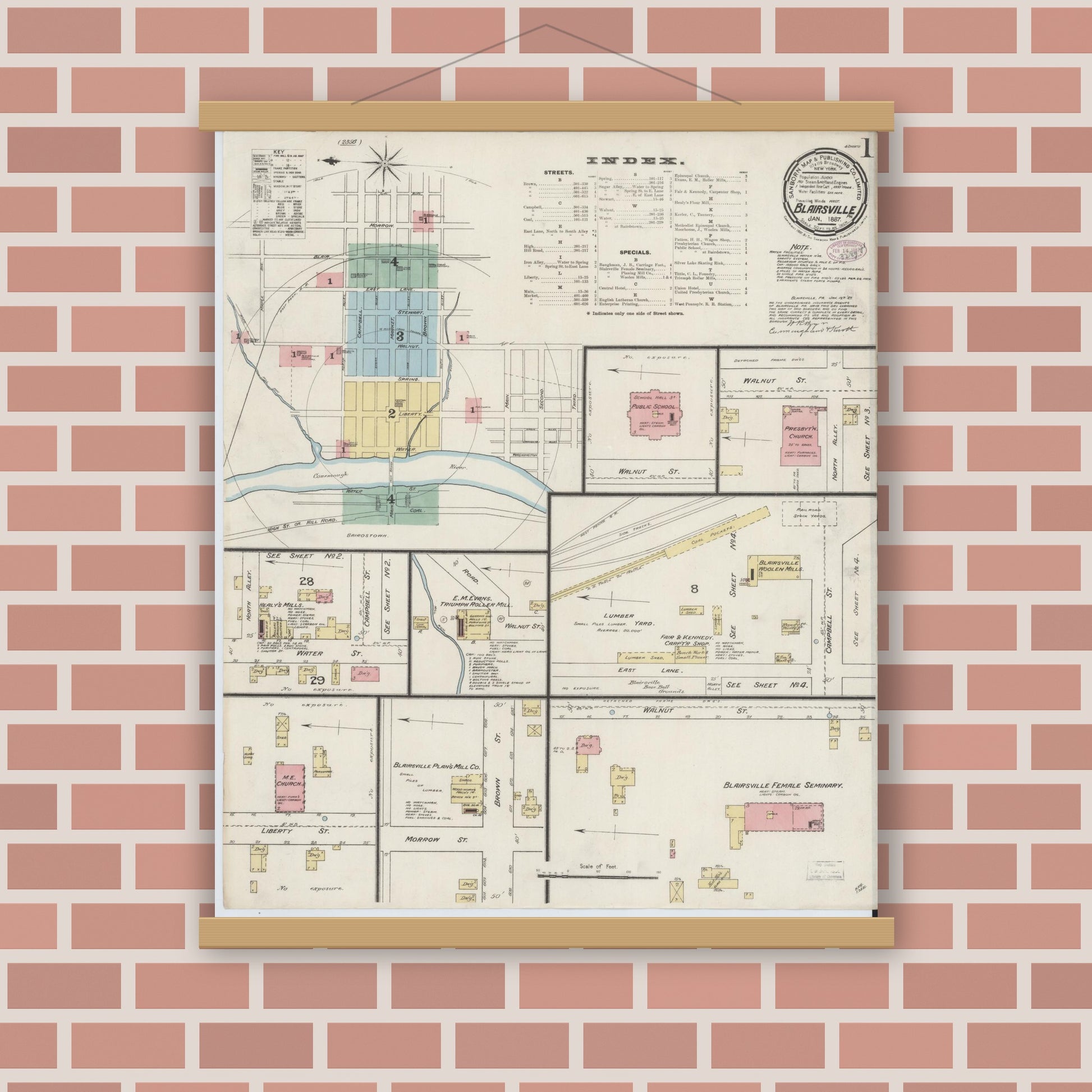 Old map wall art mockup — magnetic wood frame on brick wall — Sanborn Fire Insurance Map from Blairsville, Indiana County, Pennsylvania (1887), Sheet #0001