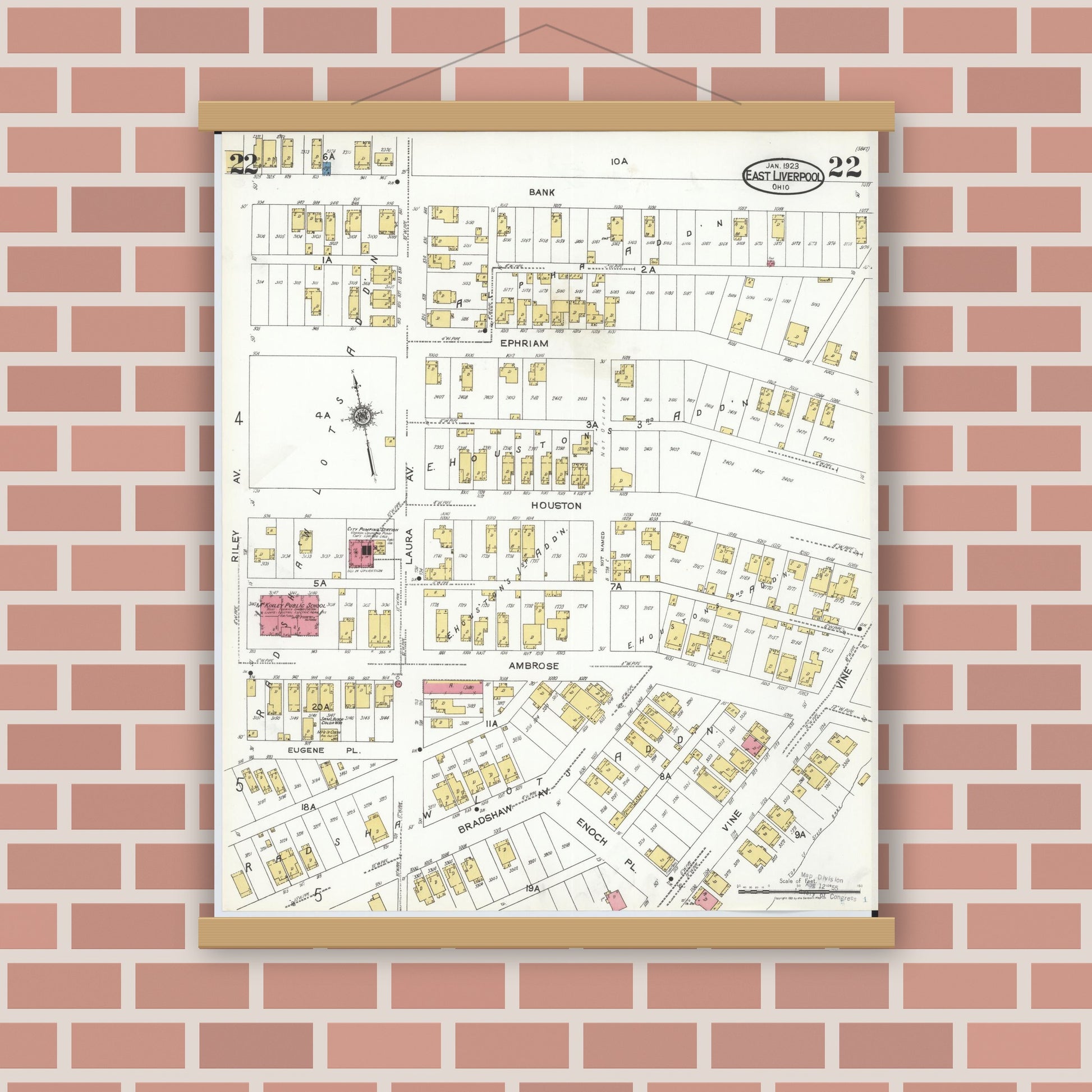 Old map wall art mockup — magnetic wood frame on brick wall — Sanborn Fire Insurance Map from East Liverpool, Columbiana County, Ohio (1923), Sheet #0022