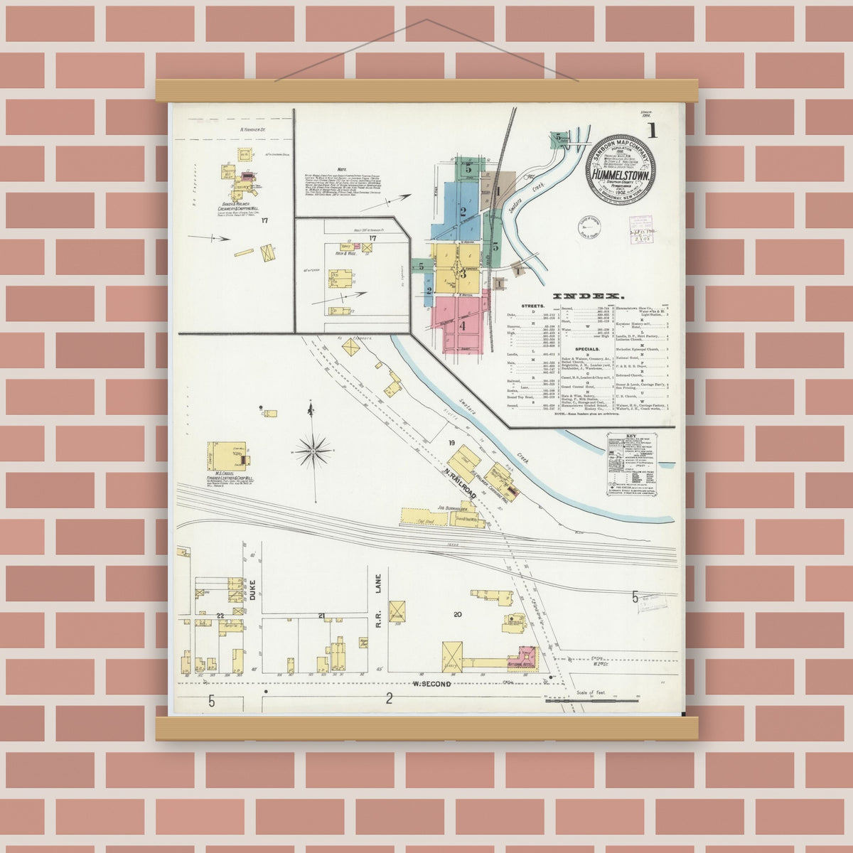Old map wall art mockup — magnetic wood frame on brick wall — Sanborn Fire Insurance Map from Hummelstown, Dauphin County, Pennsylvania (1902) - Complete Map Set