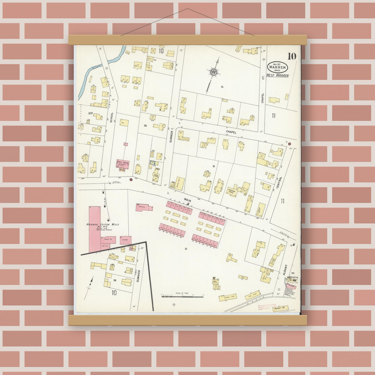 Old map wall art mockup — magnetic wood frame on brick wall — Sanborn Fire Insurance Map from Warren, Worcester County, Massachusetts (1911), Sheet #0010