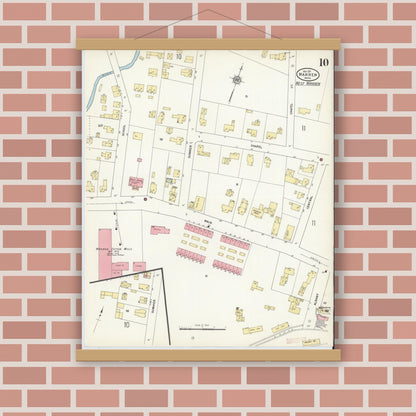 Old map wall art mockup — magnetic wood frame on brick wall — Sanborn Fire Insurance Map from Warren, Worcester County, Massachusetts (1911), Sheet #0010