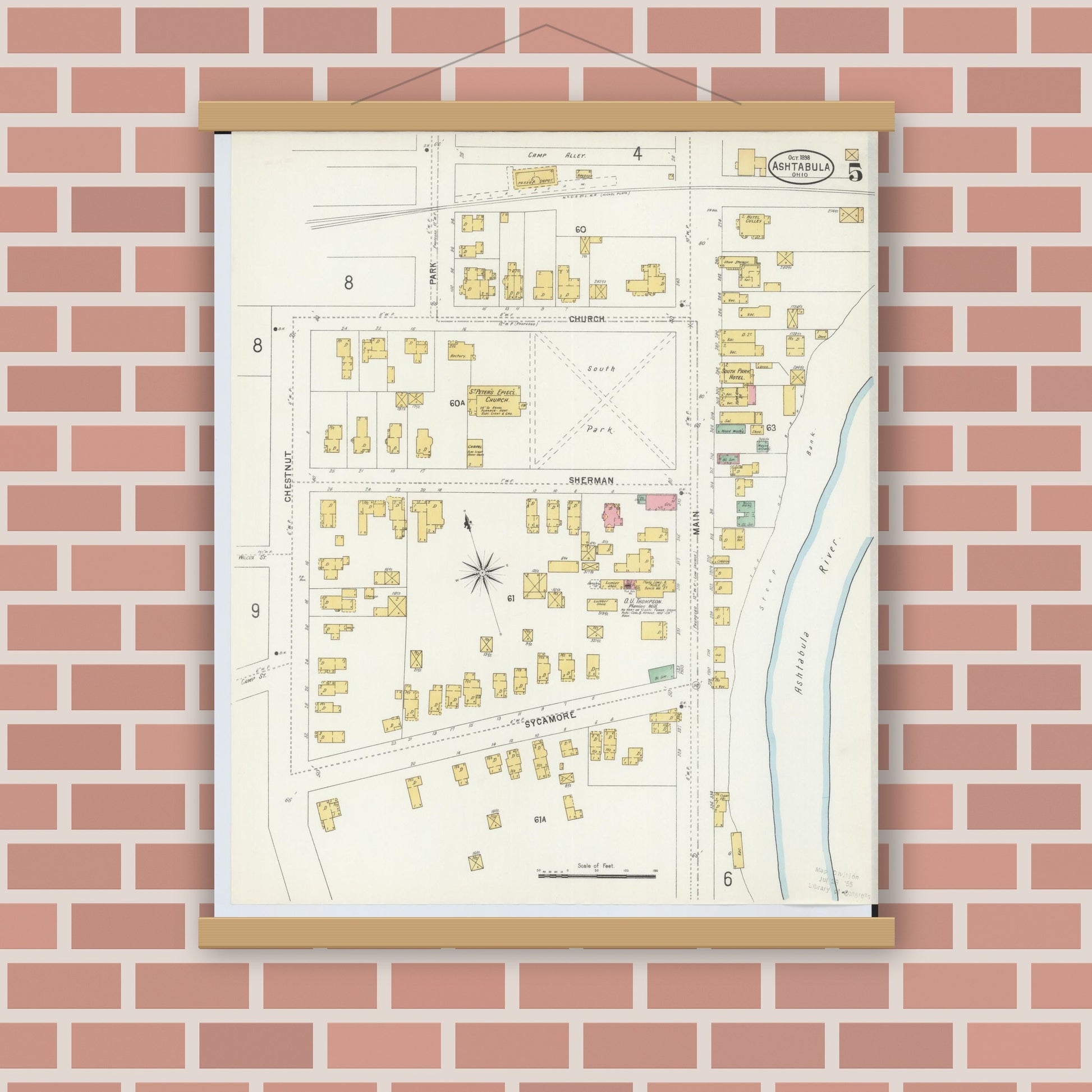 Old map wall art mockup — magnetic wood frame on brick wall — Sanborn Fire Insurance Map from Ashtabula, Ashtabula County, Ohio (1898), Sheet #0005