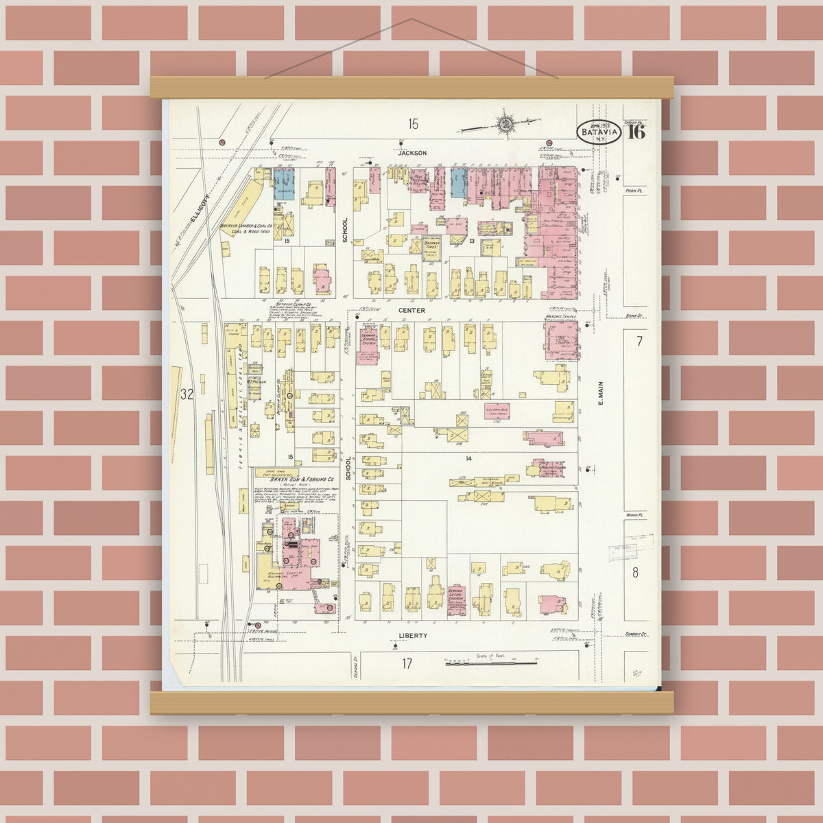 Old map wall art mockup — magnetic wood frame on brick wall — Sanborn Fire Insurance Map from Batavia, Genesee County, New York (1912), Sheet #0016