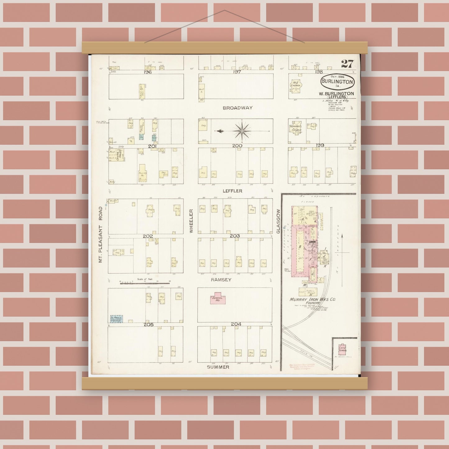 Old map wall art mockup — magnetic wood frame on brick wall — Sanborn Fire Insurance Map from Burlington, Des Moines County, Iowa (1888), Sheet #0027