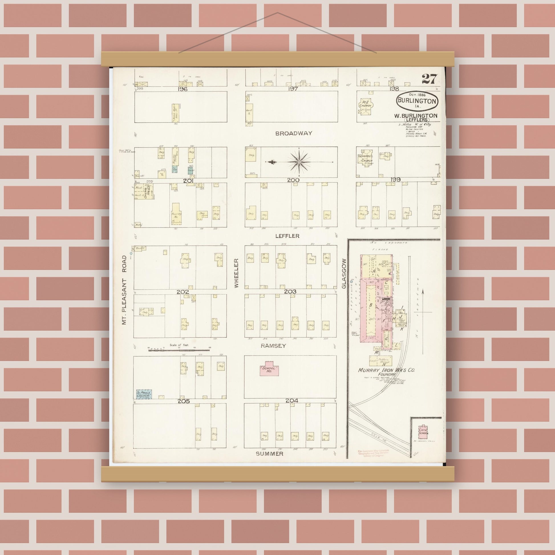 Old map wall art mockup — magnetic wood frame on brick wall — Sanborn Fire Insurance Map from Burlington, Des Moines County, Iowa (1888), Sheet #0027