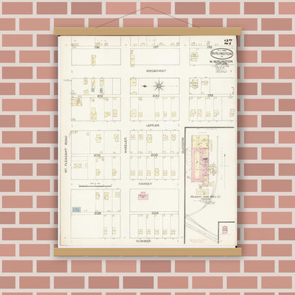 Old map wall art mockup — magnetic wood frame on brick wall — Sanborn Fire Insurance Map from Burlington, Des Moines County, Iowa (1888), Sheet #0027