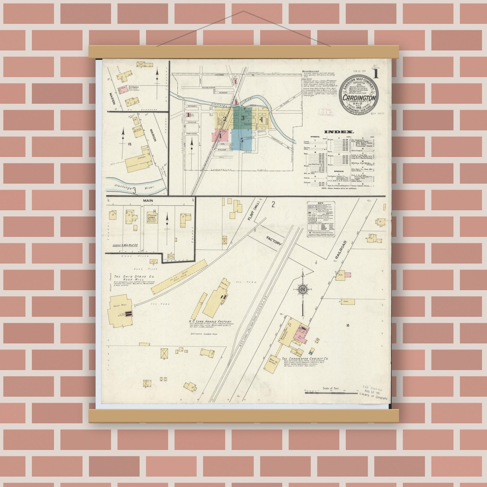 Old map wall art mockup — magnetic wood frame on brick wall — Sanborn Fire Insurance Map from Cardington, Morrow County, Ohio (1912), Sheet #0001