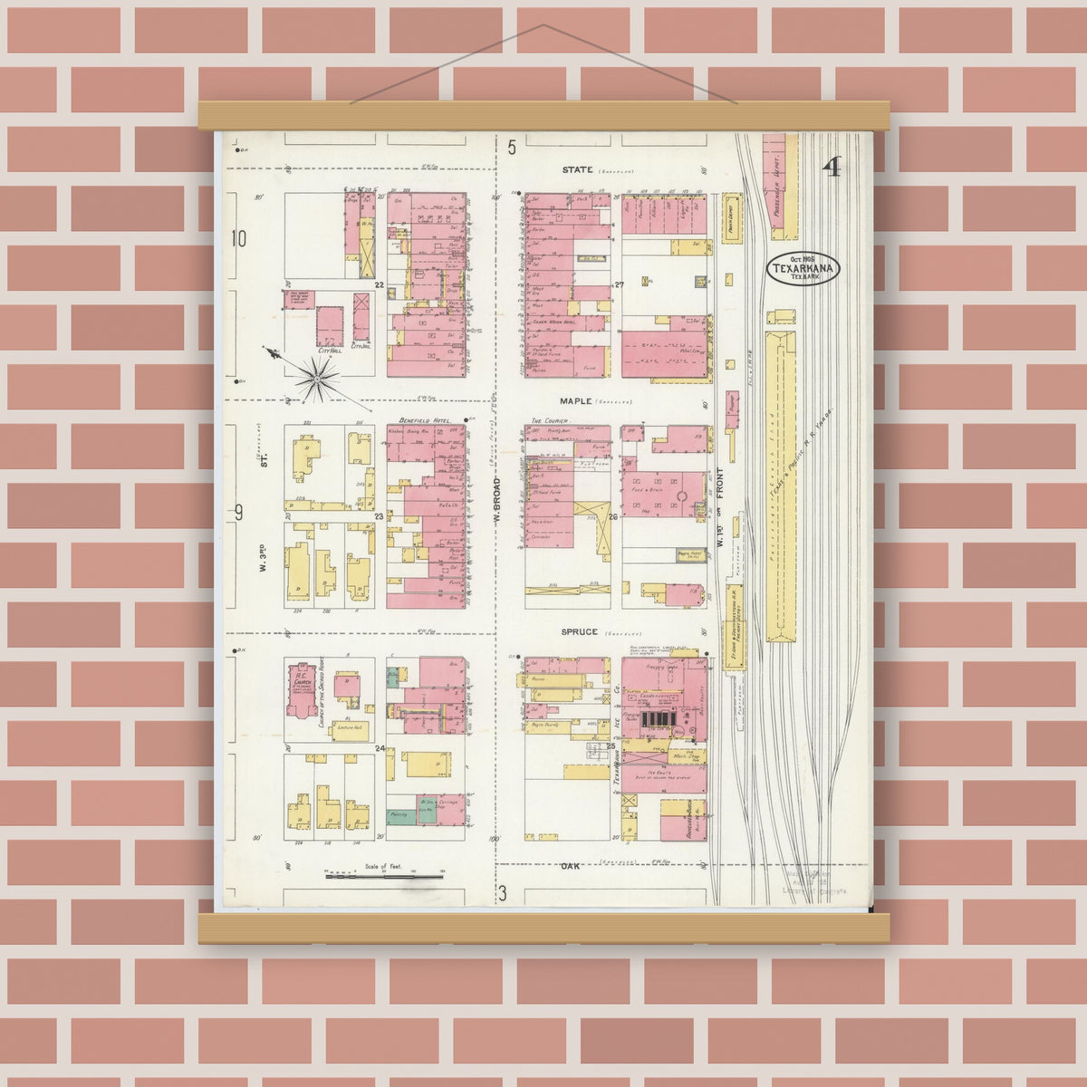 Old map wall art mockup — magnetic wood frame on brick wall — Sanborn Fire Insurance Map from Texarkana, Bowie County, Texas (1905), Sheet #0004