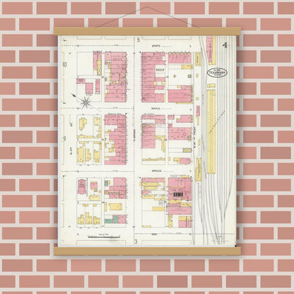 Old map wall art mockup — magnetic wood frame on brick wall — Sanborn Fire Insurance Map from Texarkana, Bowie County, Texas (1905), Sheet #0004