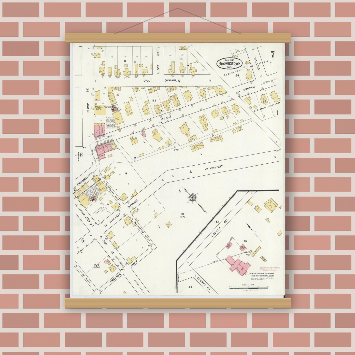 Old map wall art mockup — magnetic wood frame on brick wall — Sanborn Fire Insurance Map from Brownstown, Jackson County, Indiana (1916), Sheet #0007