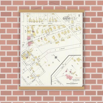 Old map wall art mockup — magnetic wood frame on brick wall — Sanborn Fire Insurance Map from Brownstown, Jackson County, Indiana (1916), Sheet #0007