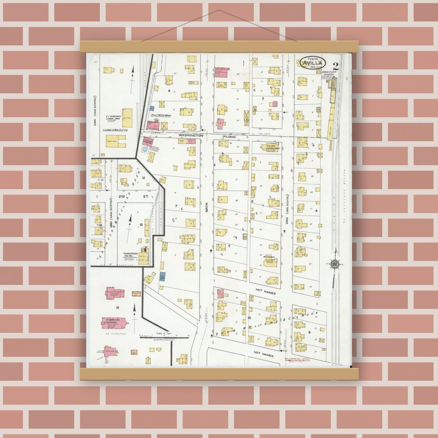 Old map wall art mockup — magnetic wood frame on brick wall — Sanborn Fire Insurance Map from Avilla, Noble County, Indiana (1919), Sheet #0002