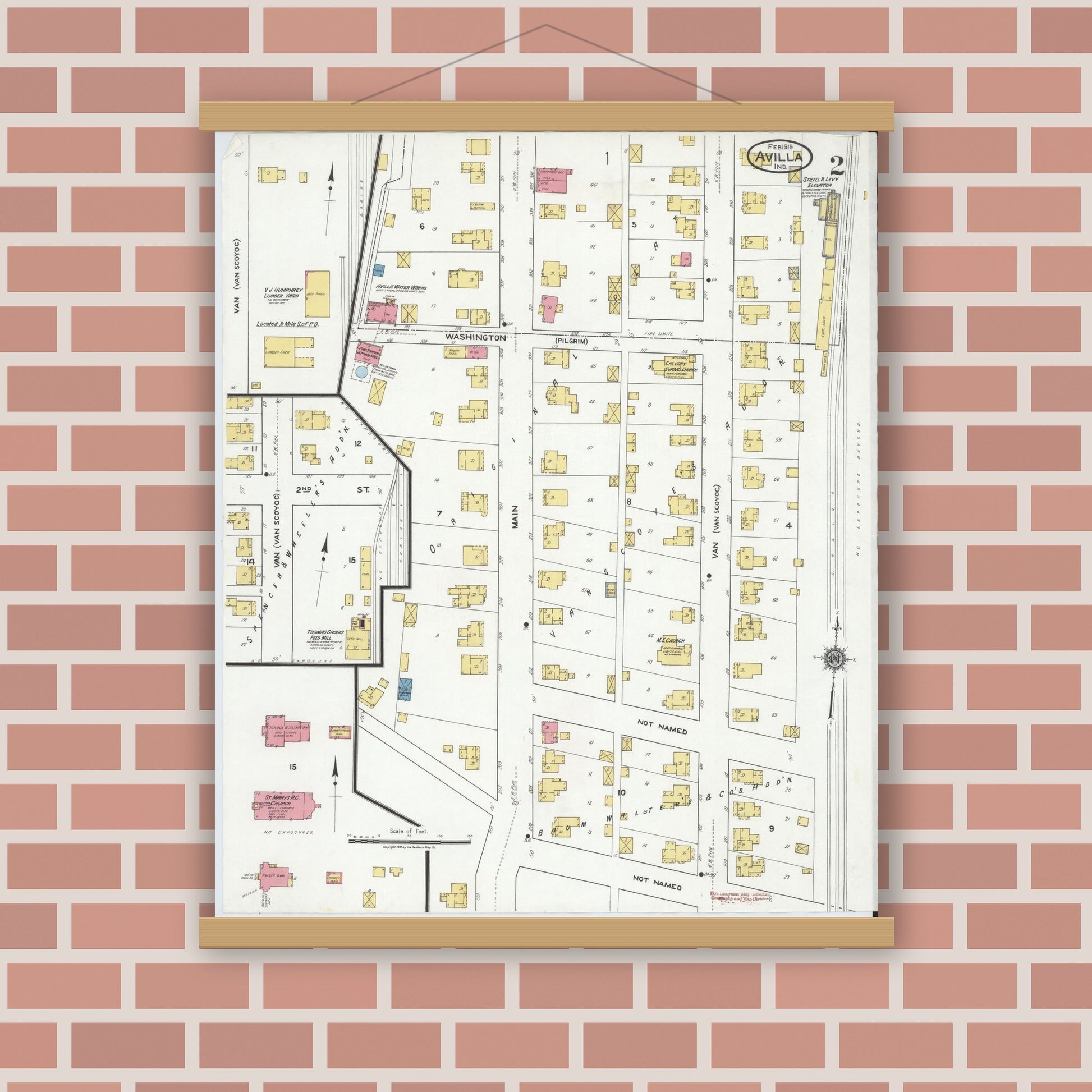 Old map wall art mockup — magnetic wood frame on brick wall — Sanborn Fire Insurance Map from Avilla, Noble County, Indiana (1919), Sheet #0002
