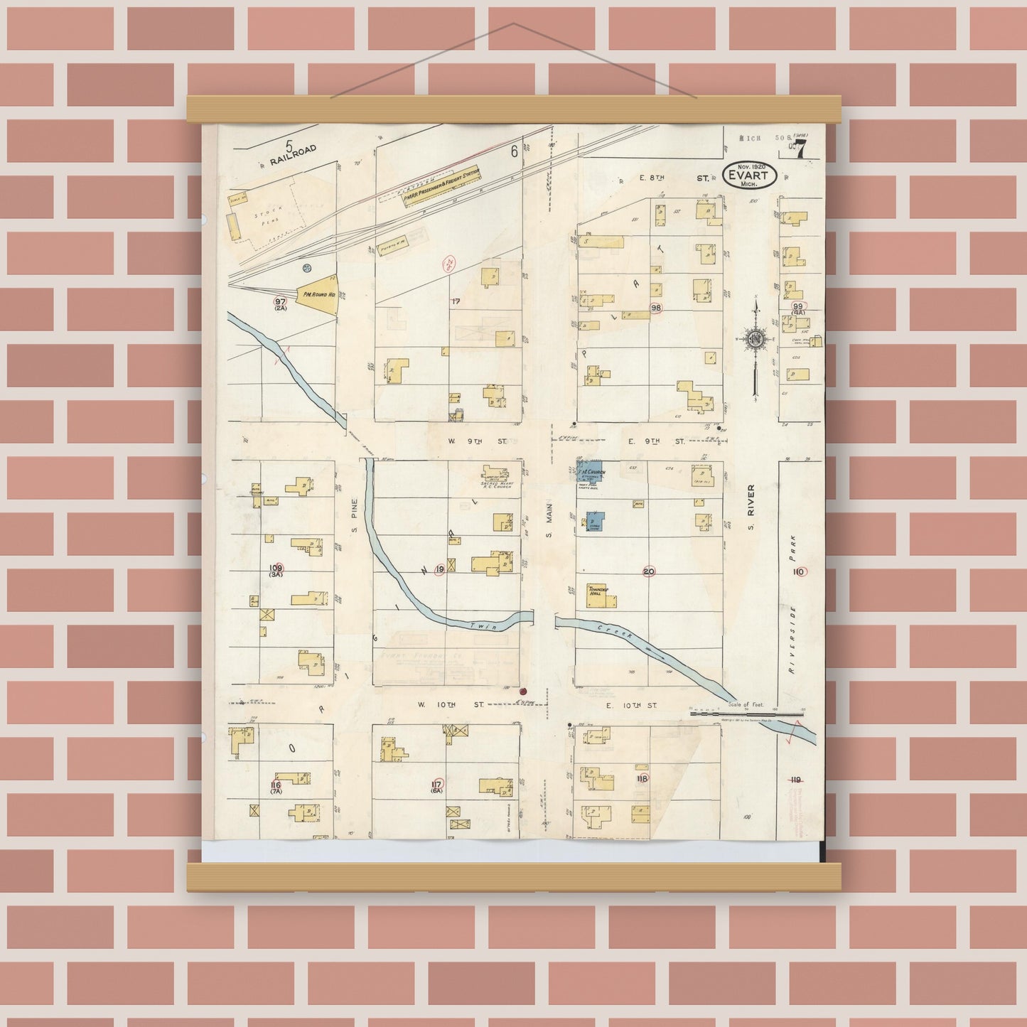 Old map wall art mockup — magnetic wood frame on brick wall — Sanborn Fire Insurance Map from Evart, Osceola County, Michigan (1942), Sheet #0007