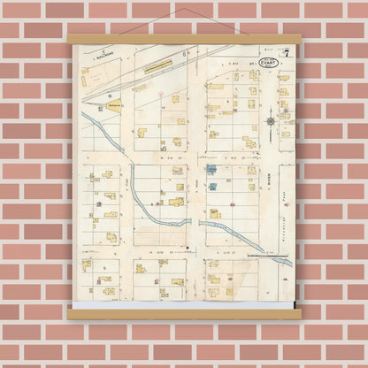 Old map wall art mockup — magnetic wood frame on brick wall — Sanborn Fire Insurance Map from Evart, Osceola County, Michigan (1942), Sheet #0007