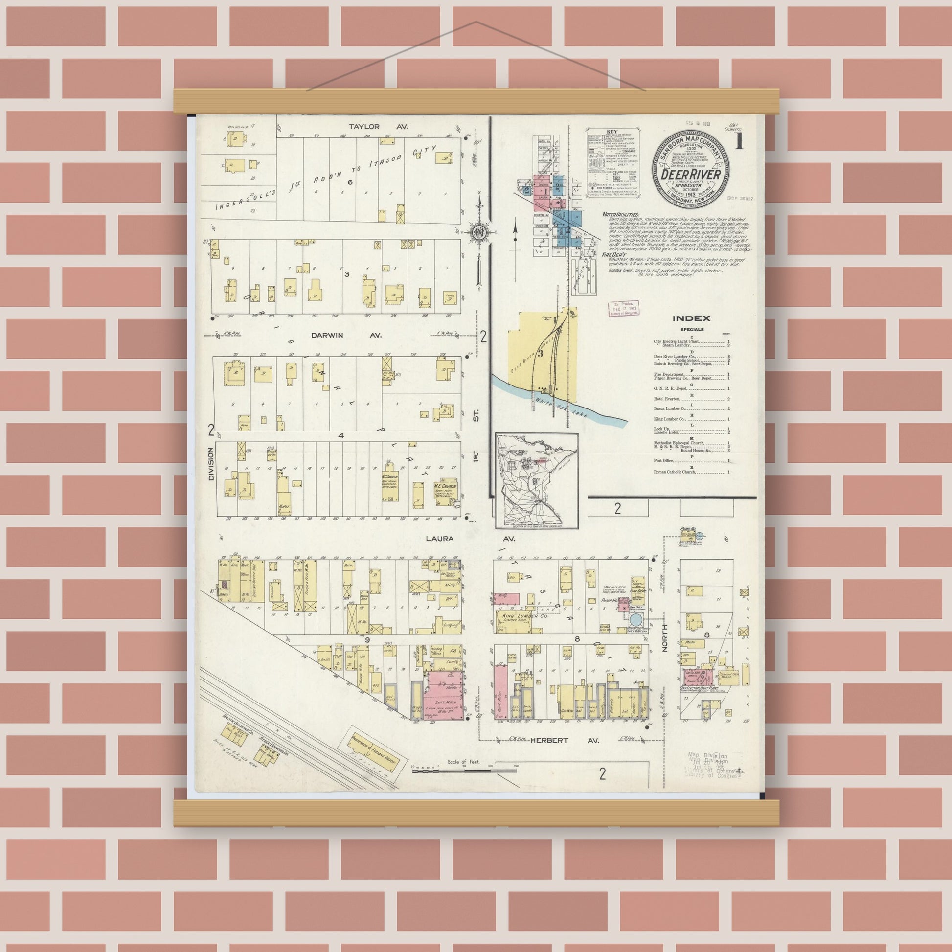 Old map wall art mockup — magnetic wood frame on brick wall — Sanborn Fire Insurance Map from Deer River, Itasca County, Minnesota (1913) - Complete Map Set