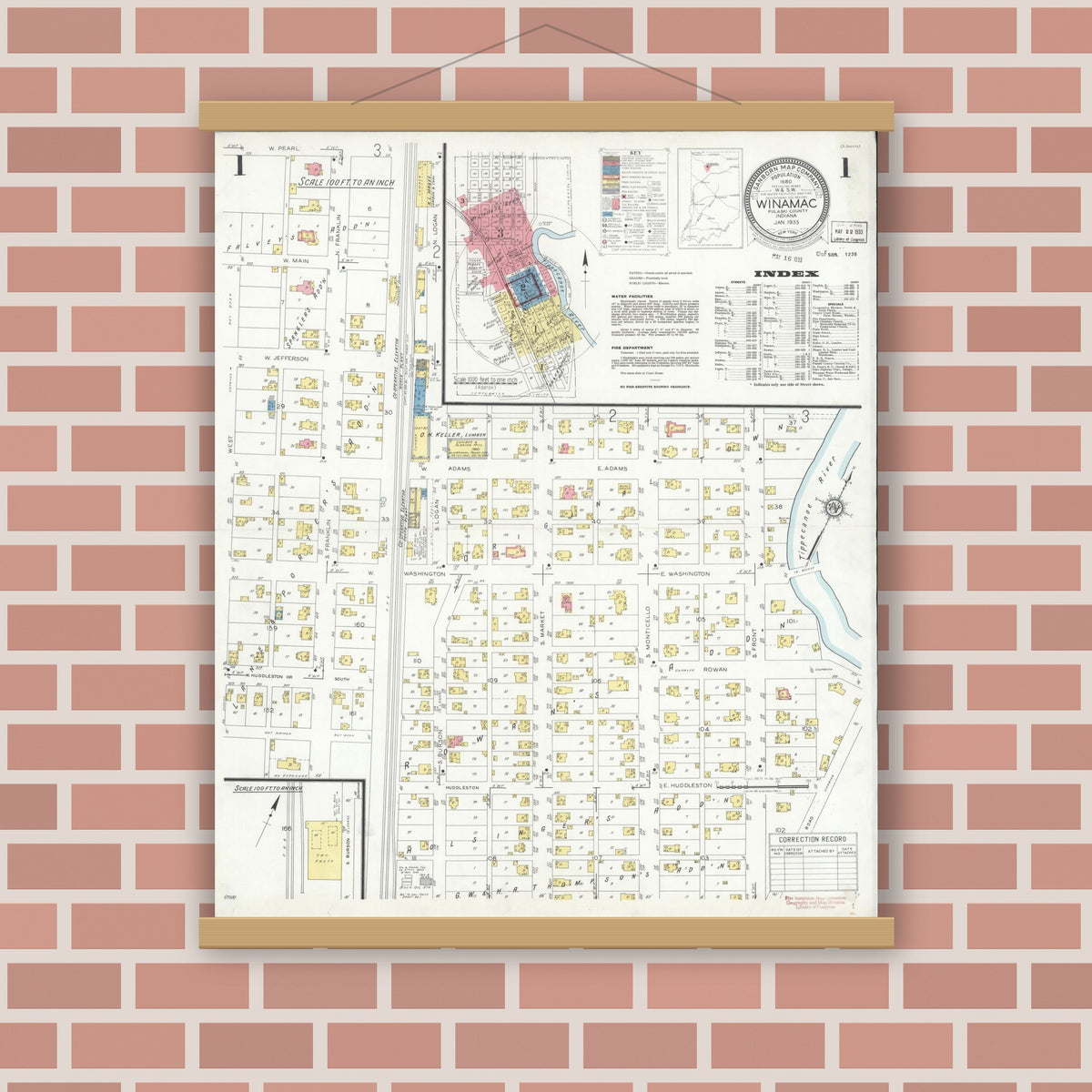 Old map wall art mockup — magnetic wood frame on brick wall — Sanborn Fire Insurance Map from Winamac, Pulaski County, Indiana (1933), Sheet #0001