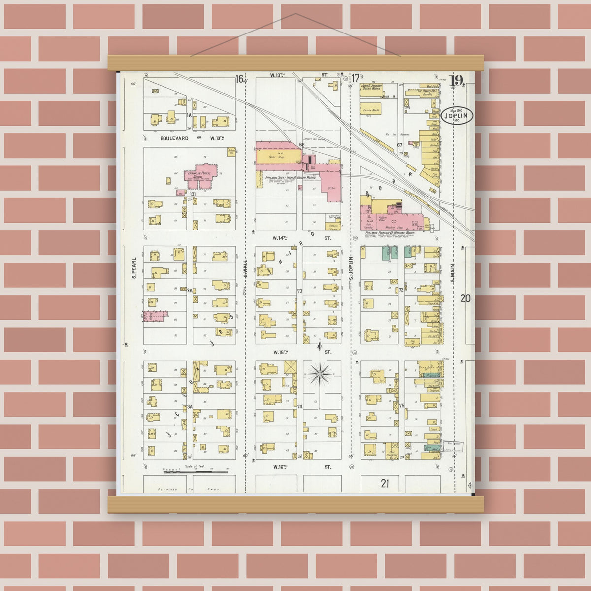 Old map wall art mockup — magnetic wood frame on brick wall — Sanborn Fire Insurance Map from Joplin, Jasper County, Missouri (1900), Sheet #0019