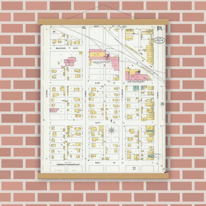 Old map wall art mockup — magnetic wood frame on brick wall — Sanborn Fire Insurance Map from Joplin, Jasper County, Missouri (1900), Sheet #0019