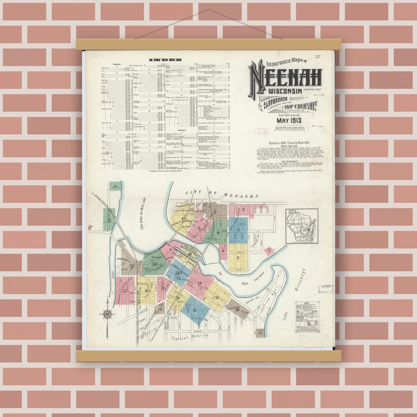 Old map wall art mockup — magnetic wood frame on brick wall — Sanborn Fire Insurance Map from Neenah, Winnebago County, Wisconsin (1913) - Complete Map Set