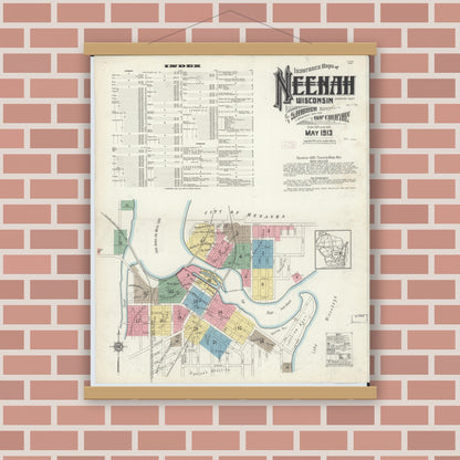 Old map wall art mockup — magnetic wood frame on brick wall — Sanborn Fire Insurance Map from Neenah, Winnebago County, Wisconsin (1913) - Complete Map Set