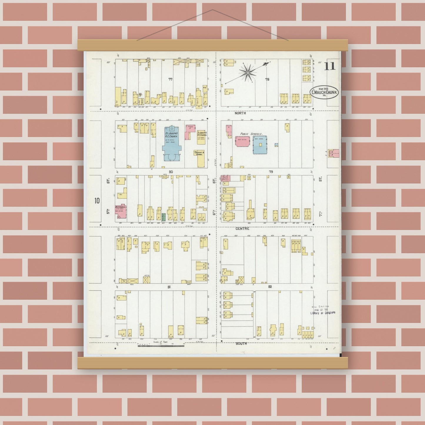 Old map wall art mockup — magnetic wood frame on brick wall — Sanborn Fire Insurance Map from Mauch Chunk, Carbon County, Pennsylvania (1902), Sheet #0011