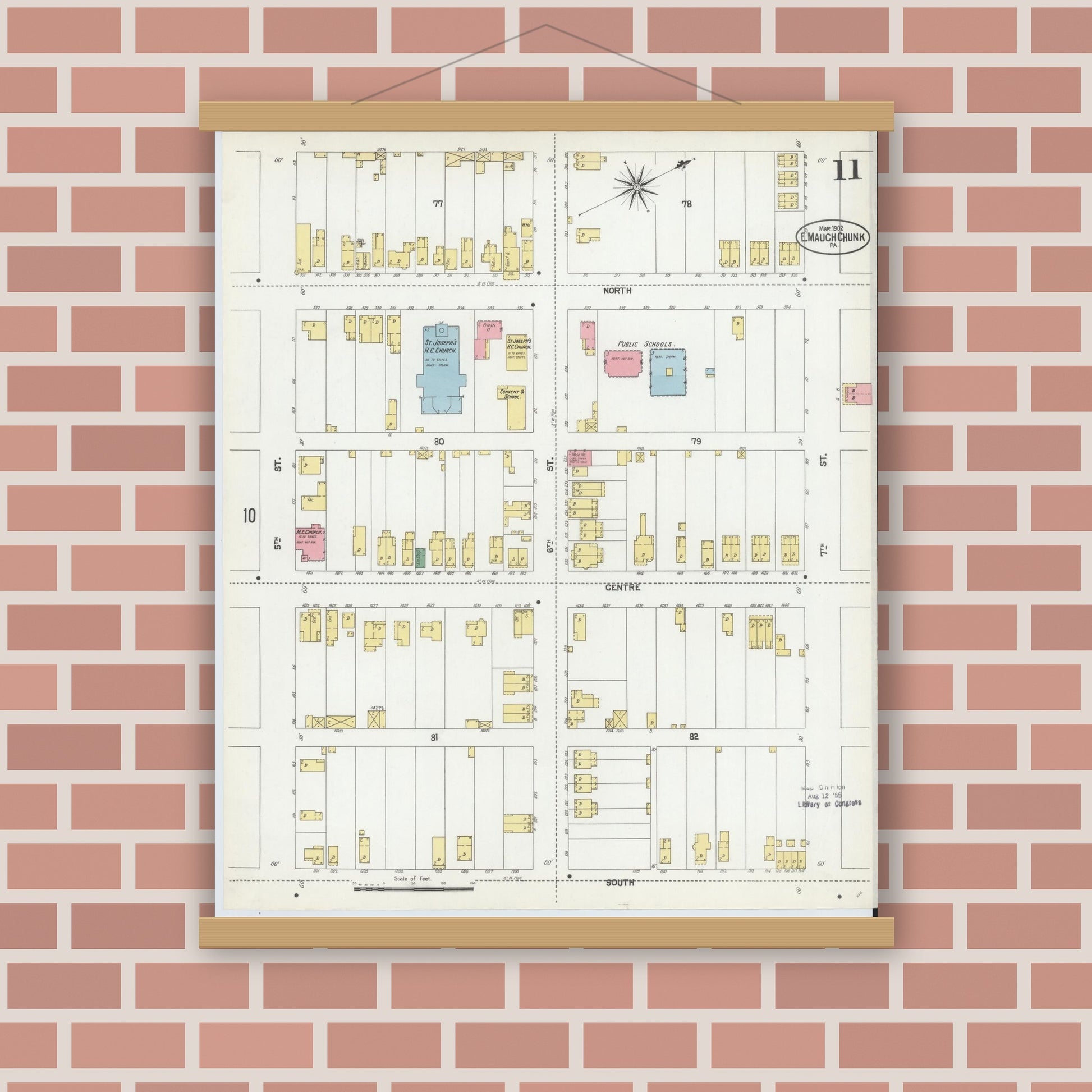 Old map wall art mockup — magnetic wood frame on brick wall — Sanborn Fire Insurance Map from Mauch Chunk, Carbon County, Pennsylvania (1902), Sheet #0011
