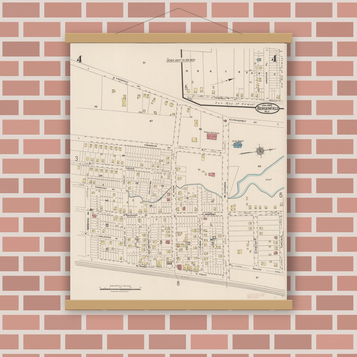 Old map wall art mockup — magnetic wood frame on brick wall — Sanborn Fire Insurance Map from Bergenfield, Bergen County, New Jersey (1923), Sheet #0004