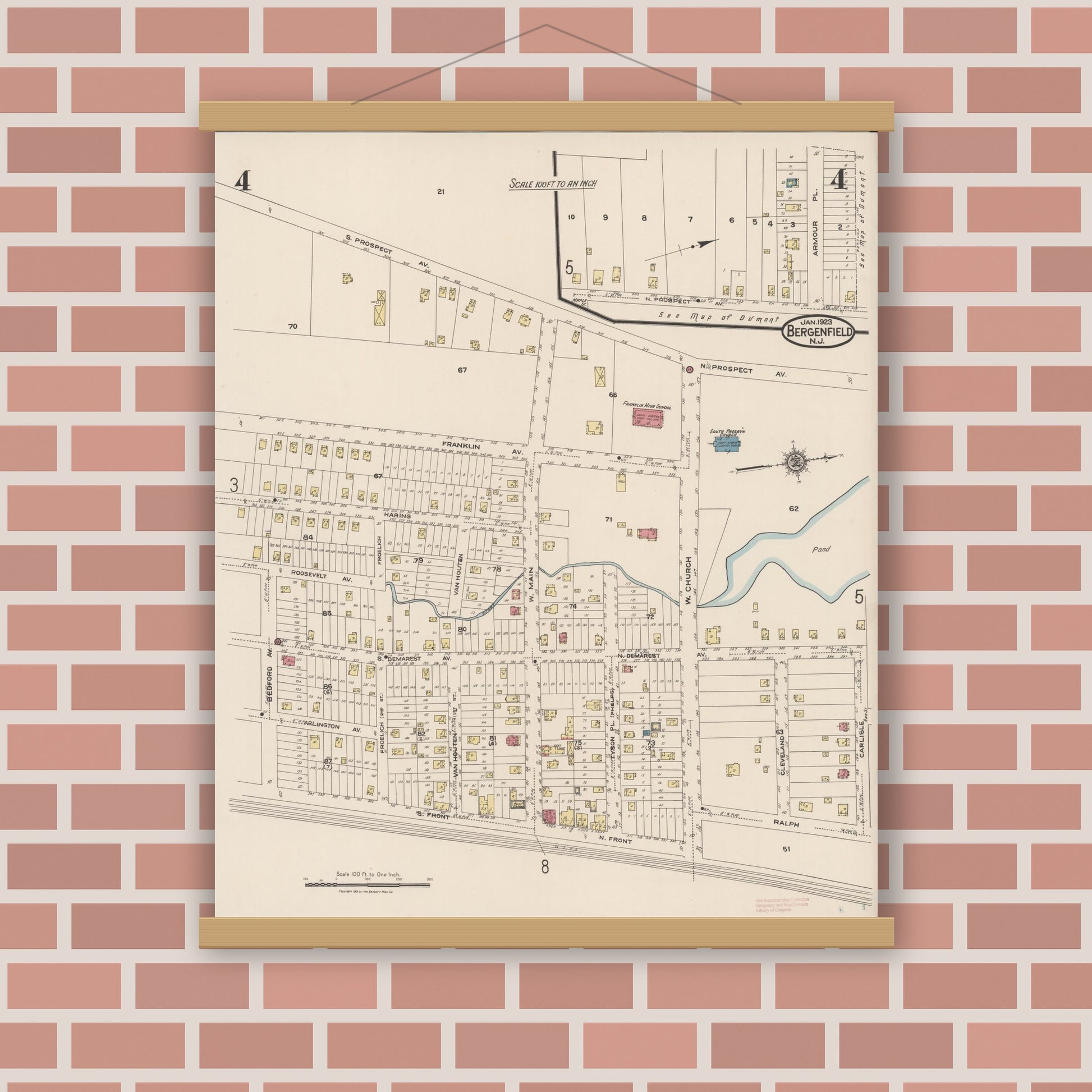 Old map wall art mockup — magnetic wood frame on brick wall — Sanborn Fire Insurance Map from Bergenfield, Bergen County, New Jersey (1923), Sheet #0004